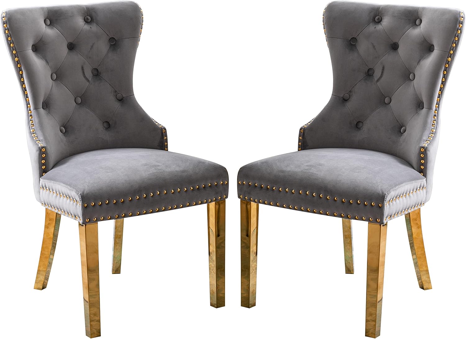 Velvet Dining Chairs Set of 2,Upholstered Tufted Back Nail Trim Accent Chair with Stainless Steel Legs Gold Leg Lightgrey