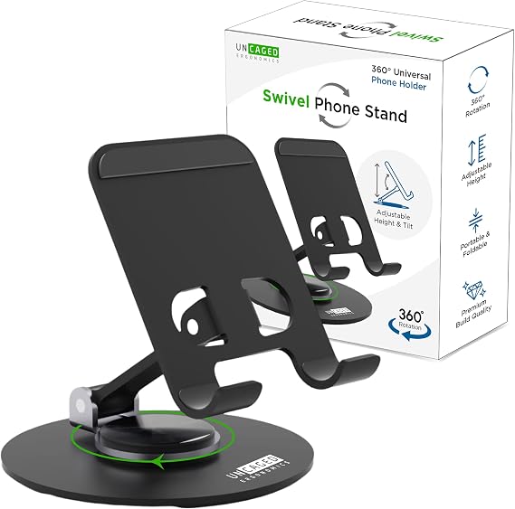 Uncaged Ergonomics 360 Swivel Rotating Adjustable Phone Stand for Desk, Portable & Foldable Cell Phone Stand for Desk, Compact Mobile Stand for Tabletop, Office, Kitchen & Bedroom (Black)