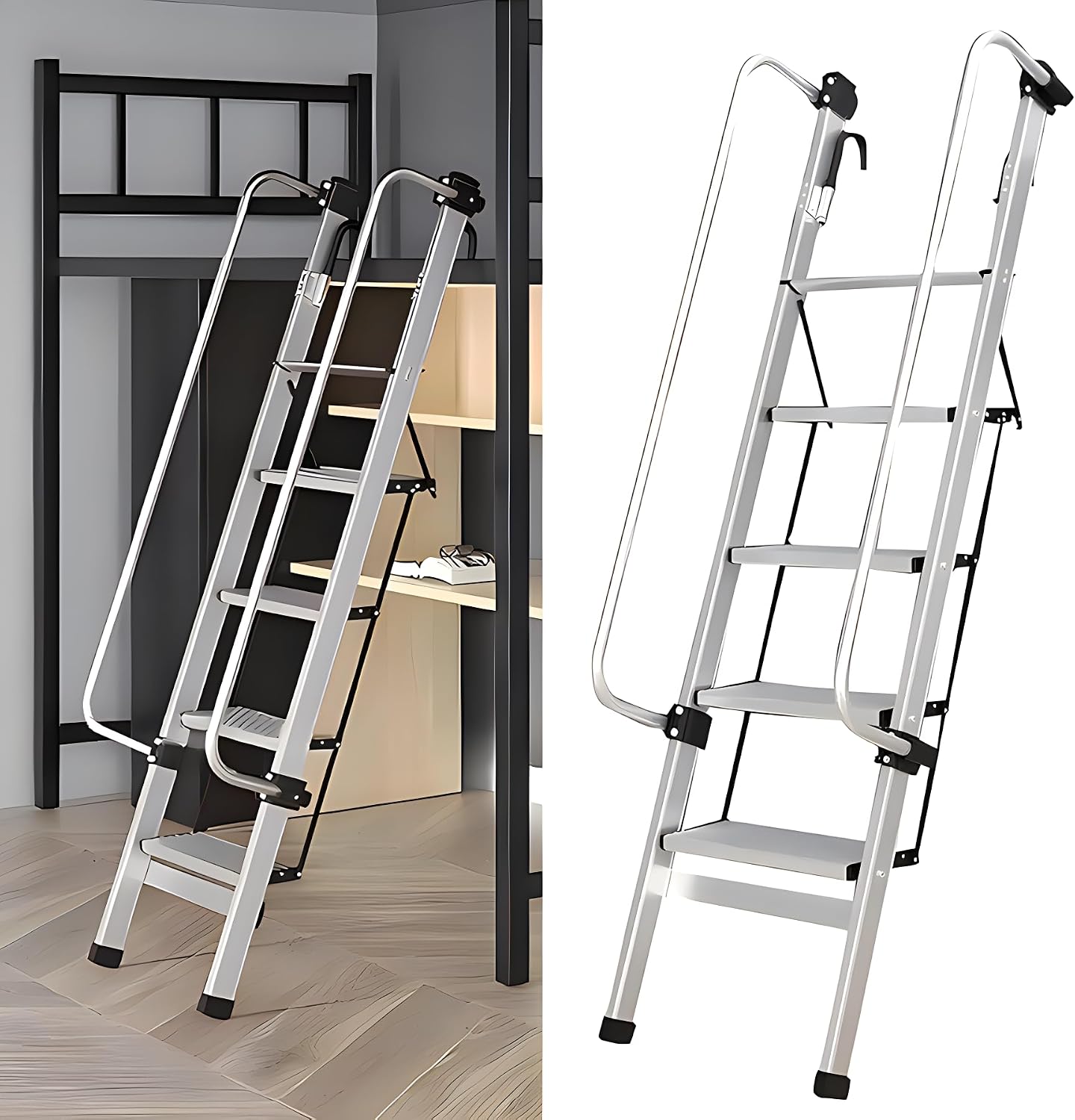 5.6ft Aluminum Bunk Bed Ladder, Adjustable 5 Step Ladder with Handrails Hooks and Folding 7.9 Wide Pedals, RV Camper Dorm Loft Ladder Only for Lofted Bunk Beds Truck Climbing Replacement Anti-Slip