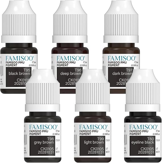 PMU Pigments Eyebrow Brown Set, 6 Pieces, Natural Finish, Liquid Form, 5ml Each,Shades 6 (Brows-T99-98-97-96-95-60-Set)
