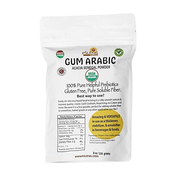 Gum Arabic Powder, USDA Organic | 8 oz. Easy use Bag | Gum Acacia Use as Food emulsifier thickener or DIY Watercolors