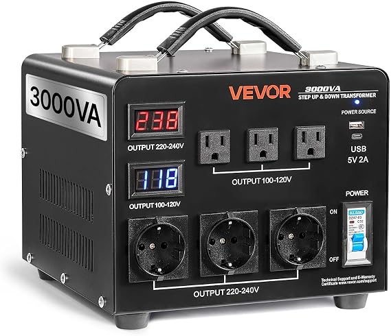 VEVOR Voltage Auto Converter Transformer, 3000VA, Heavy Duty Step Up/Down Power Transformer, 110V to 220V and 220V to 110V, with 3 US Outlets, 3 EU Outlets, LCD Display, Circuit Breaker Protection