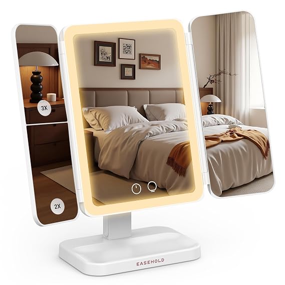 EASEHOLD Trifold Lighted Makeup Vanity Mirror with 1X/2X/3X Magnification