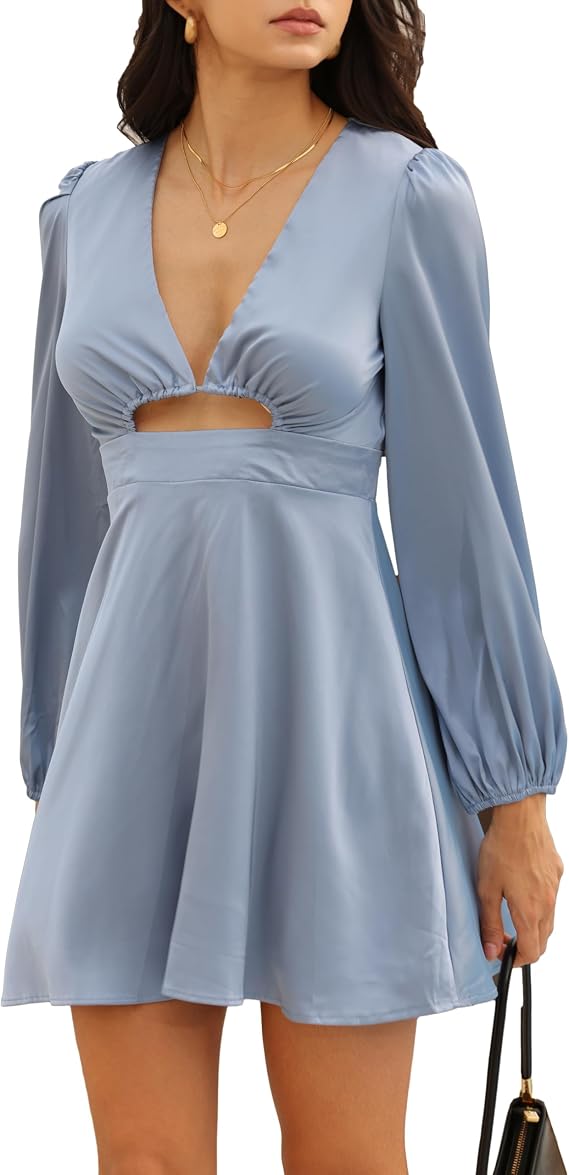 KOUNAI Satin Long Sleeve A-Line Club Cocktail Party Mini Dresses for Women | Silk,Lantern Sleeve,Cocktail,Club,Bridesmaid,Vacation,Party,Graduation,Baby Showe,Engagement,Date Night,Birthday,Homecoming