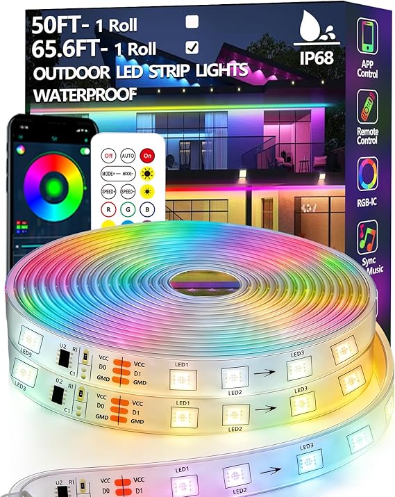 20m Outdoor LED Strip Light Waterproof,IP68 Outside RGB+IC Lights Strip with App/Remote Control,Chase Mode,Music Sync Light for Balcony,Deck,Rooftop,Garden,Pool [Energy Class A]
