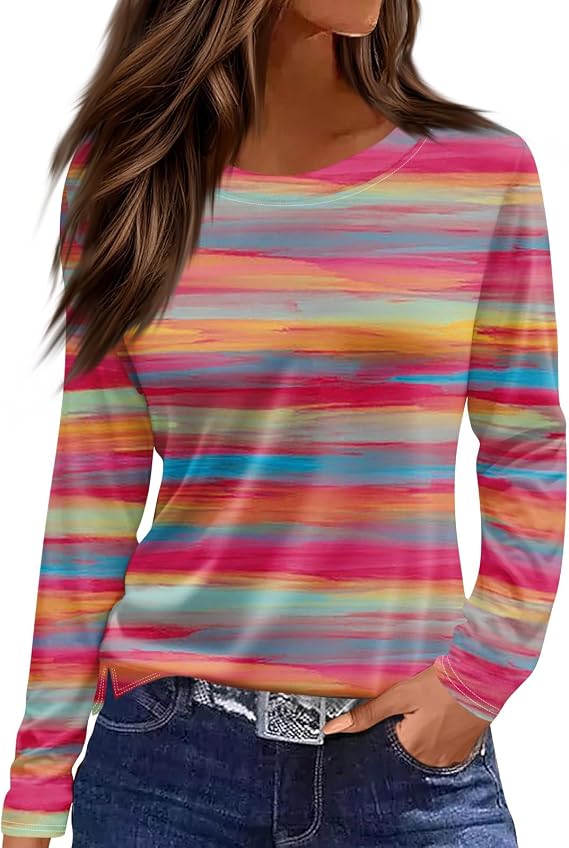 Long Sleeve Workout Tops for Women;Womens T Shirts Long Sleeve Crew Neck Shirts Basic Tee Comfy Printed Tops Blouse;Womens Fashion;14-Multicolor M