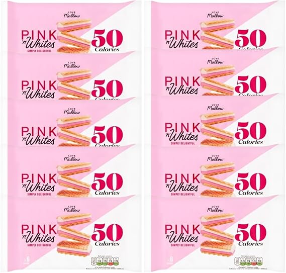 Pink & White Wafers 85G, Pack Of 10, Delightful crunchy wafers filled with pink 'n' white mallow, 50 calories