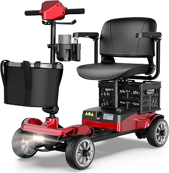 Mobility Scooter for Adults & Seniors with Removable Battery, Cruise & Airport Approved, Foldable Motorized Scooters with Dual Basket, Phone & Cup Holder, Red