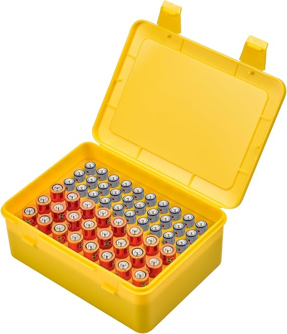 ALCYON Battery Organizer Box for 24 AA & 30 AAA Batteries-Yellow | Plastic Box and Pre-Cut Foam Slots Keep Batteries Secure and Easy to Find, Locking Lid, Batteries Not Include