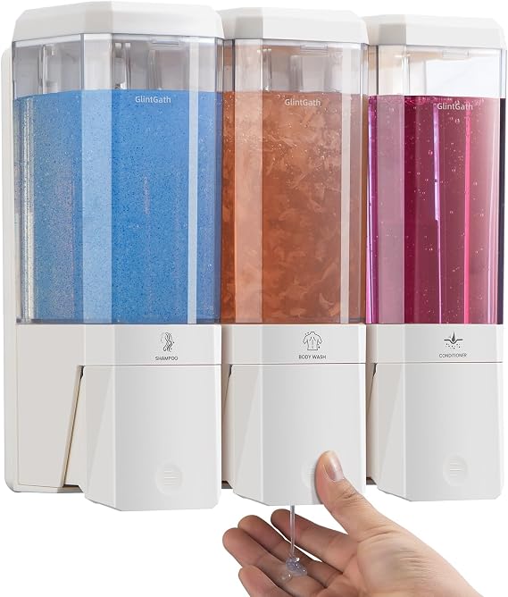 Shampoo and Conditioner Dispenser,GlintGath Shower Dispenser 3 Chamber No Drill Shampoo for Shower Wall Mounted Soap for Bathroom Hotel,Large Capacity 3 * 500ML,White