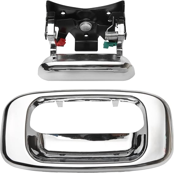 Tailgate Door Handle & Bezel Lock Set, Compatible with 1999-2007 Chevy Silverado GMC Sierra 1500 2500 3500, Chrome Exterior Rear with Rod Clips | Replaces# 15997911, 15228539, 15228541, 15228540