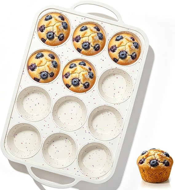 Vinino 1Pack Silicone Muffin Pan for Baking with Metal Reinforced Frame, 12 Cup Regular Size Cupcake Pan, BPA Free Silicone Muffin Tray, Cupcake Baking Pan Molds for Oven Dishwasher Safe - Cream