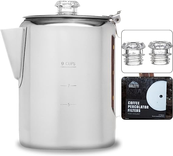 COLETTI Bozeman Coffee Pot Bundle | Coffee Percolator + 100 Filters + Replacement Glass Tops