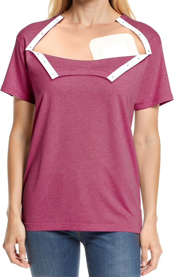 Chemo Port Shirts for Women Post Shoulder Surgery Recovery Shirts Snap Off Chemotherapy Short Sleeve Clothing