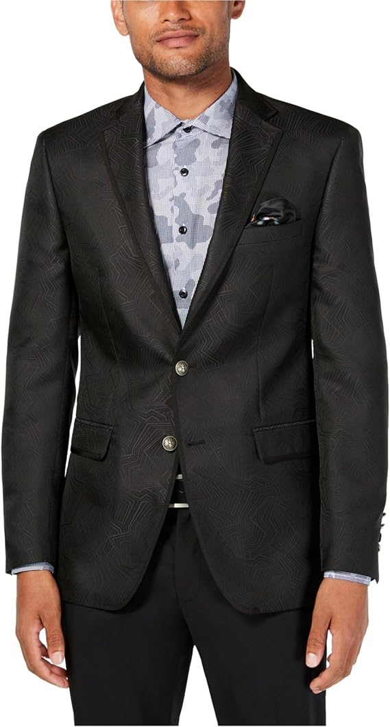 Tallia Mens Geometric Two Button Blazer Jacket, Black, 40 Regular