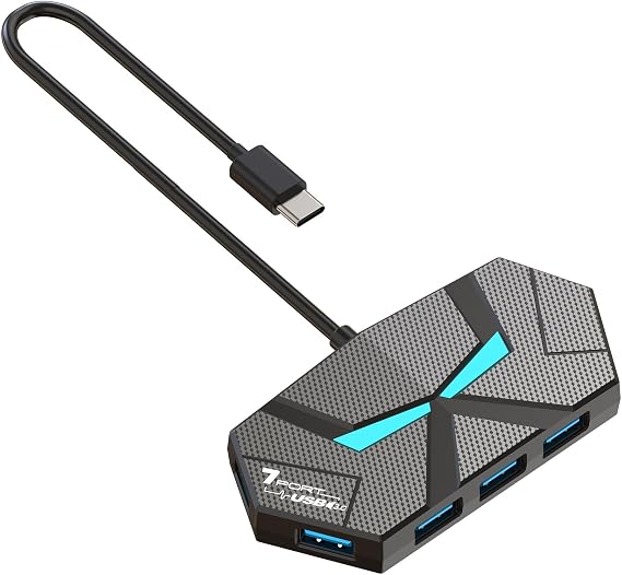 USB Hub 3.0, 7-Port USB Hub,USB Extender with Extra Power Port for Laptop, PC, Xbox, Gamepad,Flash Drive, HDD, Console, Printer, Camera,Keyborad, Mouse,USB Fan (7-Port USB C)