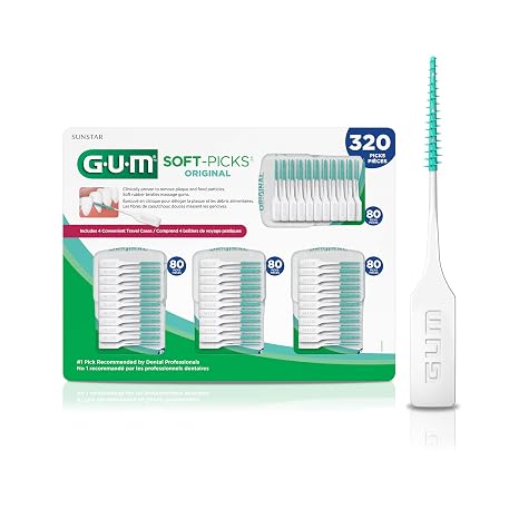 GUM Soft-Picks Original Interdental Picks, 320 Count | Soft bristles, Easy-to-Use Pick, Safe for braces & bridges, Latex & wire free, Plastic carry case included, Disposable picks