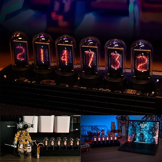 Digital Nixie Tube Clock, LED Glow 6 Digit Display, 20 Mode Adjustable, USB Type-C Powered, DIY Customized Photo Display, Creative Gift for Kids, Husband, Friends