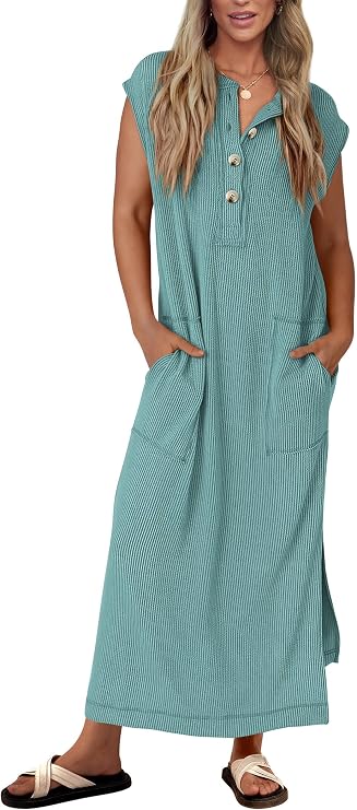 KIRUNDO Womens Summer Ribbed Knit Short Sleeve Maxi Dress