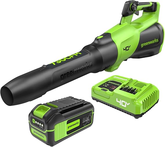 Greenworks 40V Electric Leaf Blower, 730 CFM, 5.0 Ah Battery and Charger