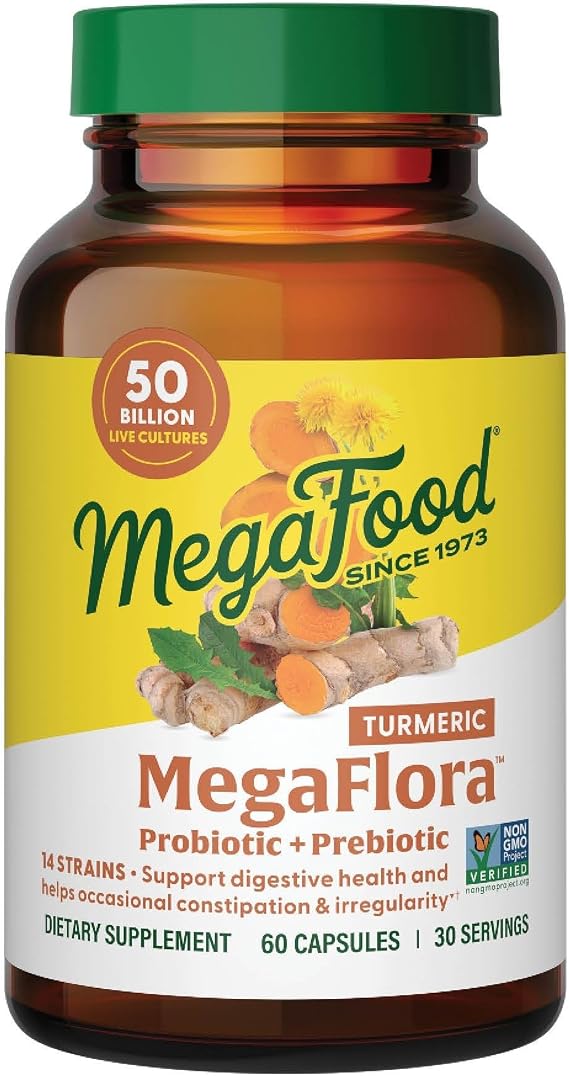 MegaFood MegaFlora Probiotic Prebiotic with Turmeric, 60 Capsules | Prebiotic and Probiotics for Women and Men, Supports Digestive Health, 50 Billion CFUs, 14 Strains, Vegetarian, 30 Servings