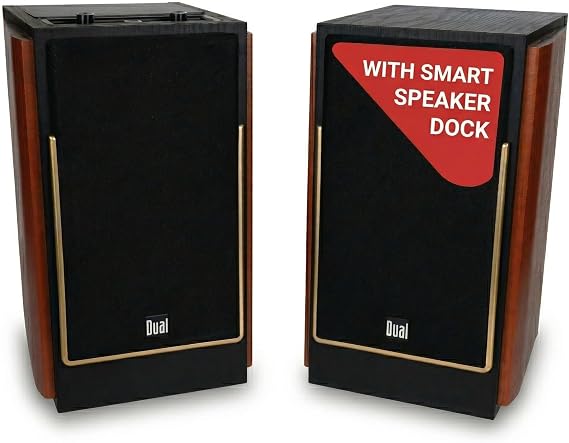 Dual Electronics LUHSL20B Bookshelf Speakers Pair Bluetooth & Class-D Amp | Cherrywood & black finish, smart speaker dock, deep bass, wireless remote, for home & PC, 2-way design, sold as a pair
