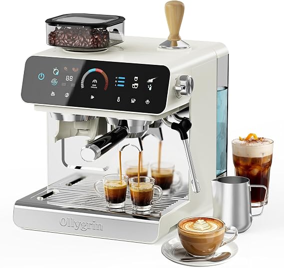 Ollygrin Semi-Automatic Espresso Machine with Grinder, 2-in-1 Coffee Machine with Milk Frother, 20 Bar Pressure Coffee Maker, Removable Water Tank & Bean Hopper, Expresso Machine for Home Barista