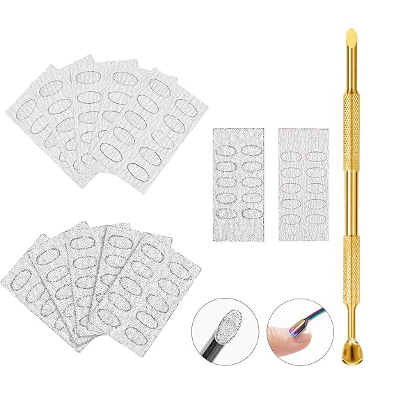 Dual Ended Nail Cuticle Pusher with 100pcs 180/240 Self-adhesive Grit Sandpaper Sheets Replaceable Refill Nails Pre Polishing Manicure Treatment Tool