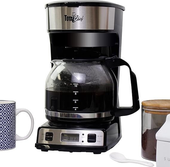Koolatron Total Chef 12 Cup Coffee Maker, Programmable Drip Coffee Machine, Glass Carafe, Reusable Basket Filter, Black and Silver