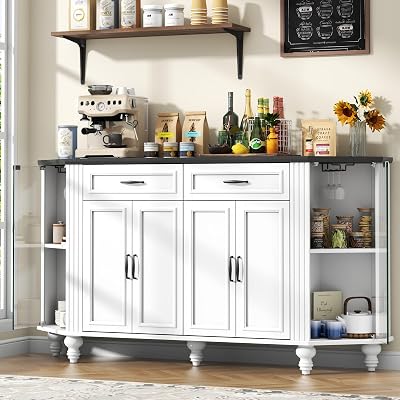 59 Buffet Cabinet with Storage, Solid Wood Legs, Sideboard with Glass Doors, 2 Drawers & 2 Double Doors, Farmhouse Coffee Bar Cabinet with Adjustable Shelf for Living Room, Kitchen, Entryway White