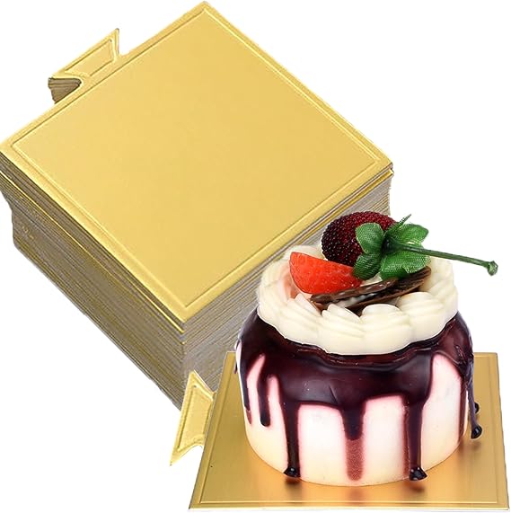 Gold -Square 100pcs 3.6'' Mini Cake Boards Mousse Cupcake Base, Food Grade Cardboard for Cupcakes- for Wedding, displaying cupcakes, mini cakes, Anniversary, Birthday Parties and other pastries.