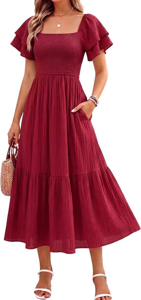 Women's Summer Midi Dress Short Sleeve Square Neck Off Shoulder Ruffle Elastic High Waist Vacation Dress with Pockets