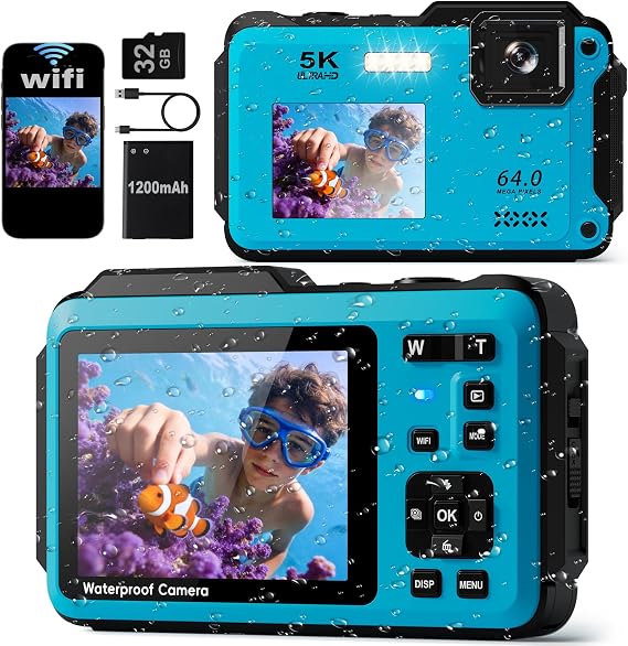 5K Underwater Digital Camera,64MP Waterproof Camera,16FT Floating Camera for Snorkeling,Scuba Diving,Surfing,Swimming & Kayaking,Autofocus,Dual-Screen,16X Zoom,Fill Light,32GB Card,Type-C Rechargeable