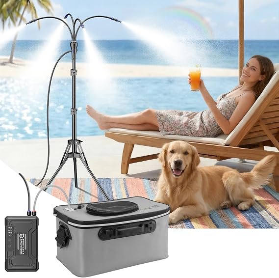 Portable Misting System with 15L Bucket, 10000mAh, 4.2FT Adjustable, Grey | Standing wireless mister, adjustable height, for backyard, pool, camping, BBQ