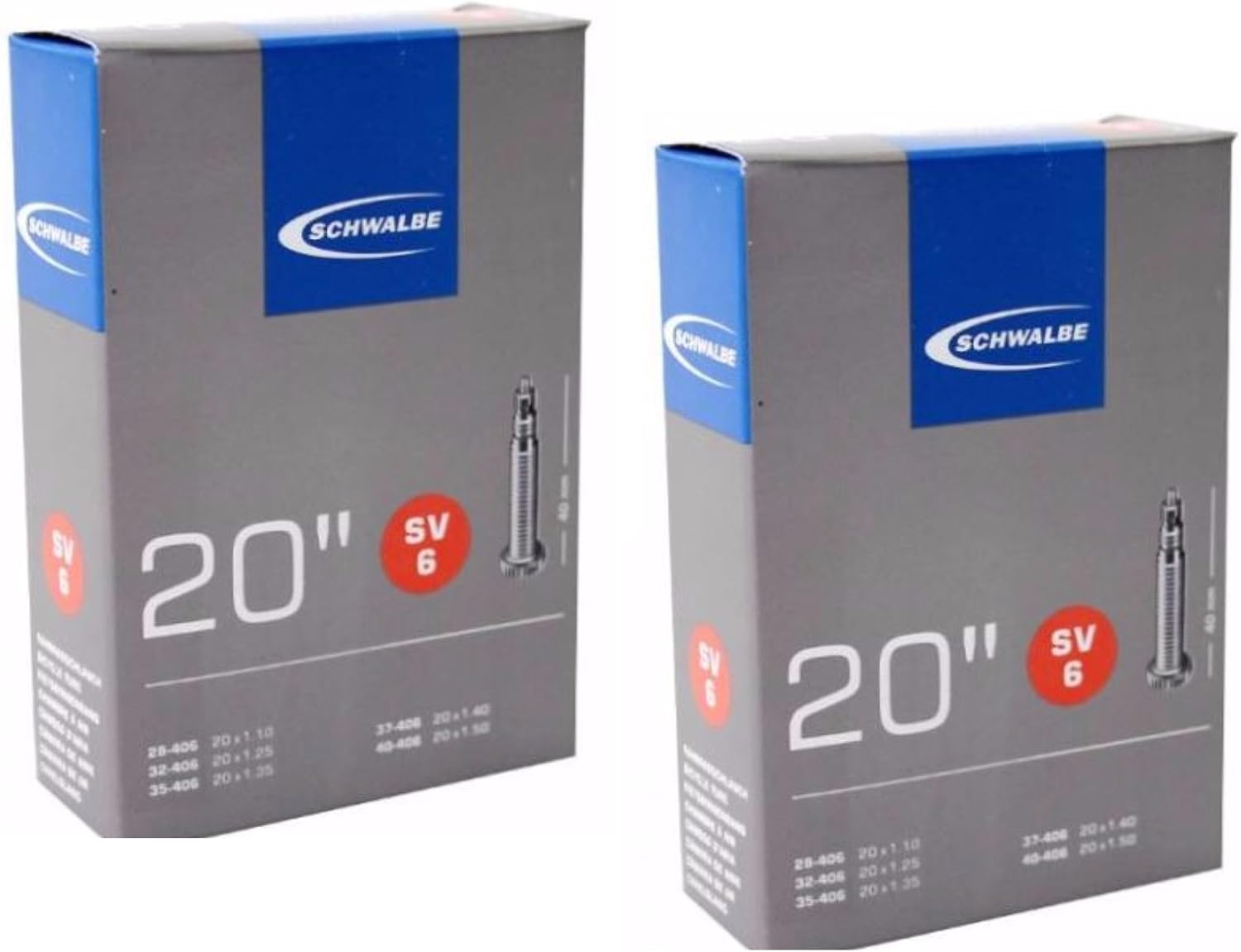 Schwalbe SV6 Inner Bicycle Tubes - 20 x 1.10 1 18 - 1.50, 40mm Presta Valve 2 Pack