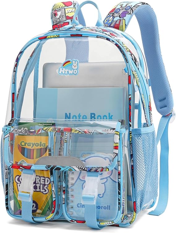 HTWO Kids Boys Clear Backpack Heavy Duty for School, Small Clear Bookbag, Transparent Plastic See Mesh Through Backpack (Light Blue), Medium