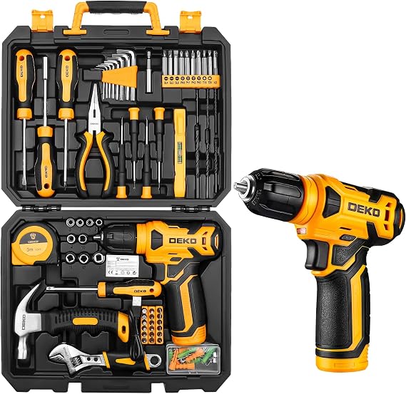 Tool Kit: DEKO Drill Set with Cordless Drill,Tool Kit Set Box, DIY Hand Tools for Men and Home, with 8V Electric Drills,126 Piece(Yellow)