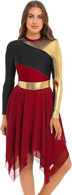 Hedmy Women Asymmetric Metallic Color Block Lyrical Dance Dress Overlay Praise Dance Tunic Dancewear
