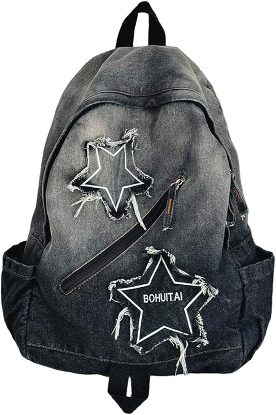 NIDONE Denim Backpack, Y2K Backpack Lightweight Travel Denim with Multi-Pocket Retro Jean Large Star Bag for Students and Adults
