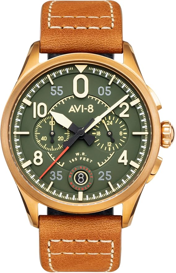 AVI-8 Spitfire Mens Watch - 42mm Stainless Steel Case, Japanese Quartz Movement, Genuine Leather Strap, Watches for Men, Lock Chronograph - AV-4089