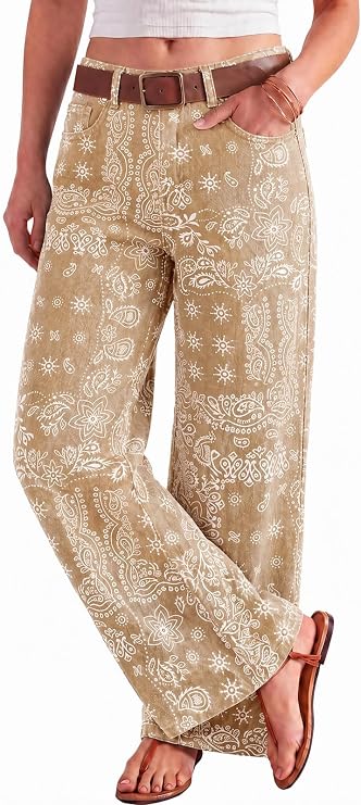 Tankaneo Womens Boyfriend Baggy Jeans Boho Wide Leg High Waist Denim Pants