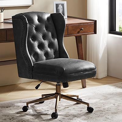 HULALA HOME Modern Faux Leather Desk Chair with Button Tufted Wingback, Adjustable Swivel Computer Chair with Nailhead Trim, Upholstered Task Chair for Home Office, Black
