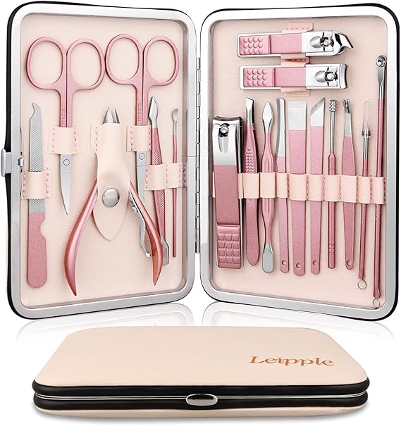 Manicure Set Professional Pedicure Nail Clippers Kit 18 Pcs,Beige/Pink