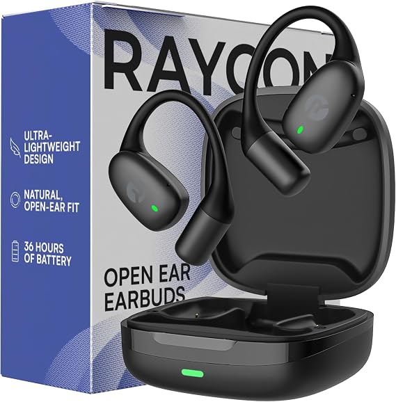 Raycon Essential Open Ear Earbuds Open Ear Headphones, Earbuds Wireless Bluetooth, Sweat & Water-Resistant Earphones, Running Headphones with Ultra-Lightweight Design, 36 Hours Battery Life (Black)