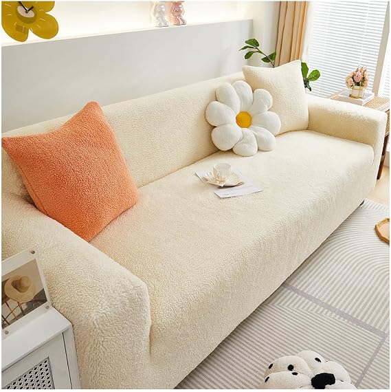 Soft Thick Plush Stretch Sofa Covers 1 2 3 4 Seater (Beige, 1 Seater)
