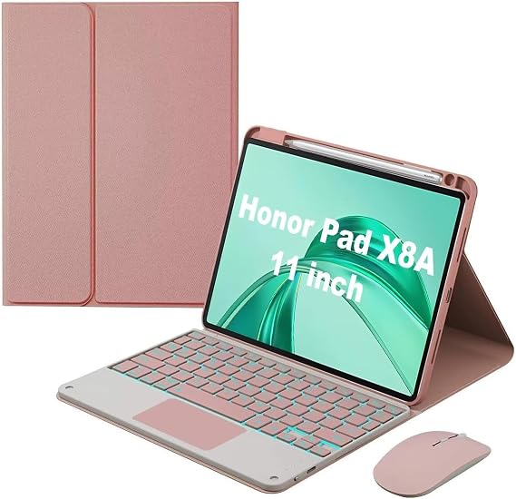 Keyboard Case for Honor Pad X8A 11 with Touchpad, Detachable Backlit Keyboard Slim Leather Folio Smart Cover with Pencil Holder, Pink
