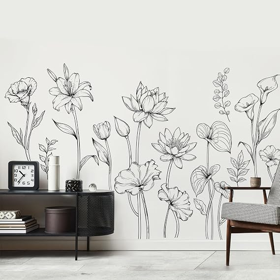 Large Black and White Flower Wall Decals Simple Modern Minimalist Garden Flower Wall Stickers Peel and Stick Floral Wall Art Decor for Girls Bedroom Living Room Office Adult Home Decor Gift for Mom