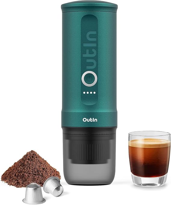 OutIn Nano Portable Electric Espresso Machine Travel Coffee Maker | USB-C Self-Heating Ground Coffee & NS Capsule for Camping, RV, Hiking & Office, Teal