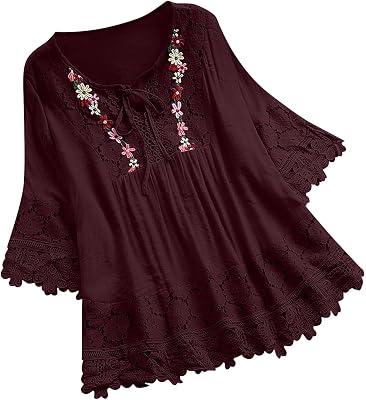 Ceboyel Women Floral Lace Trim Tunic Tops Cotton Linen Summer Shirts 34 Sleeve Casual Blouse Flowy Boho Ladies Clothing 2023