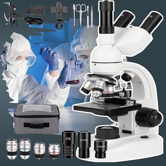 40x-5000x Professional Lab Compound Trinocular Microscope,Mechanical Stage+Ultra-Precise Focusing+Electronic Eyepiece+Phone Adaptert,For Adults, Children, Students, Education,White